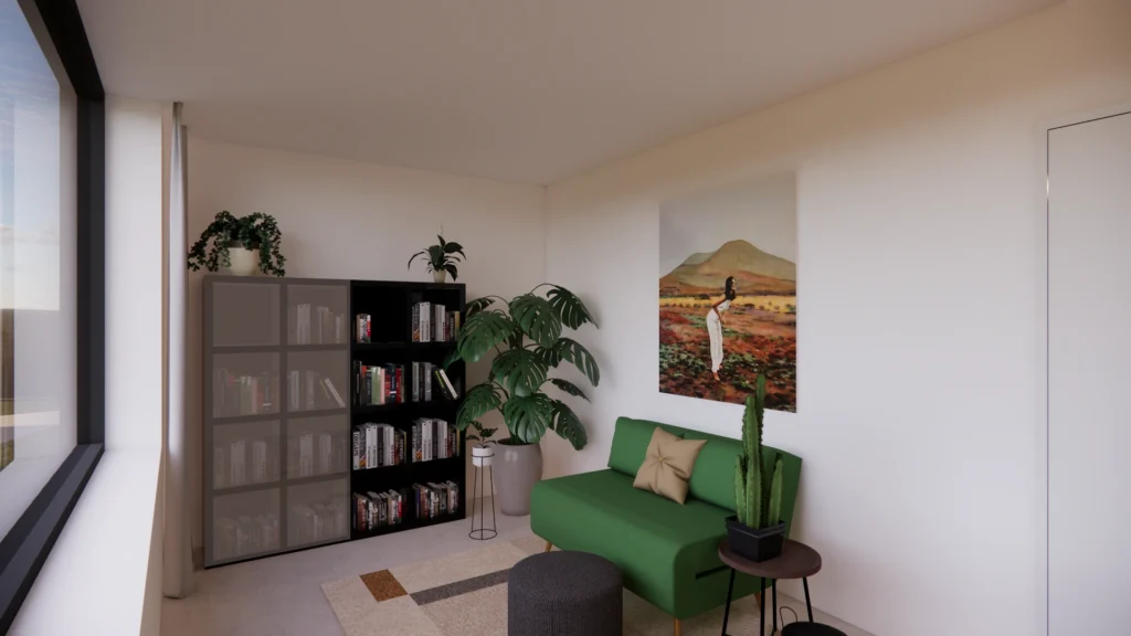 Woonkamer met planten en boekenkast &mdash; woning Devos-Herbots, Westerlo