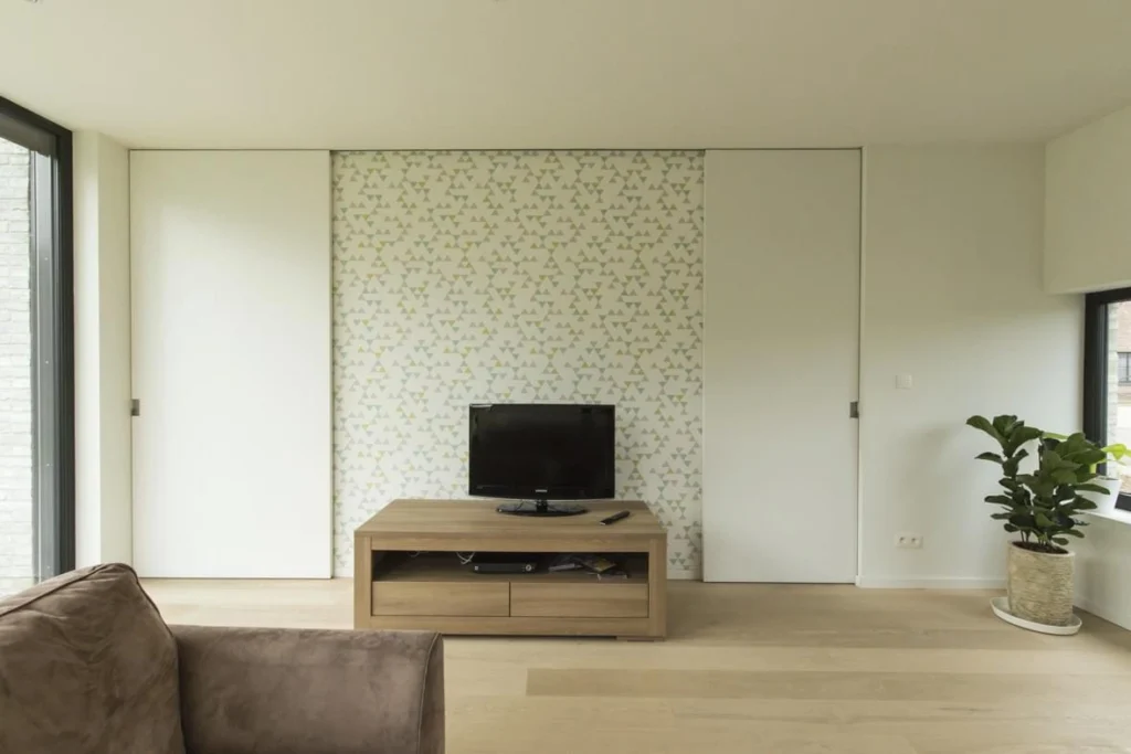 Leefruimte met televisie en kamerplant &mdash; woning Bens, Geel