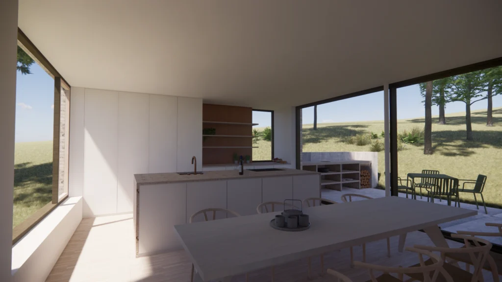 Leefruimte breed zicht 3D-visualisatie &mdash; woning Depoorter, Rotselaar